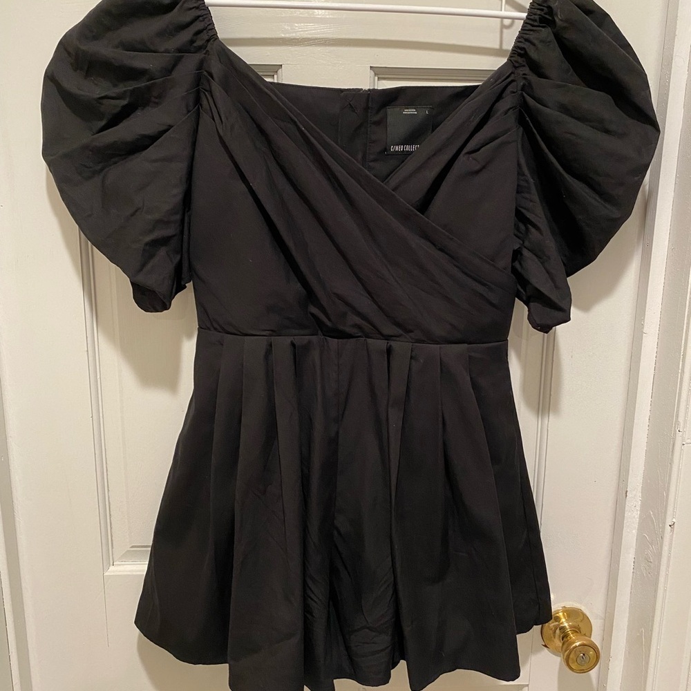 Black Puff Sleeve Romper Dress